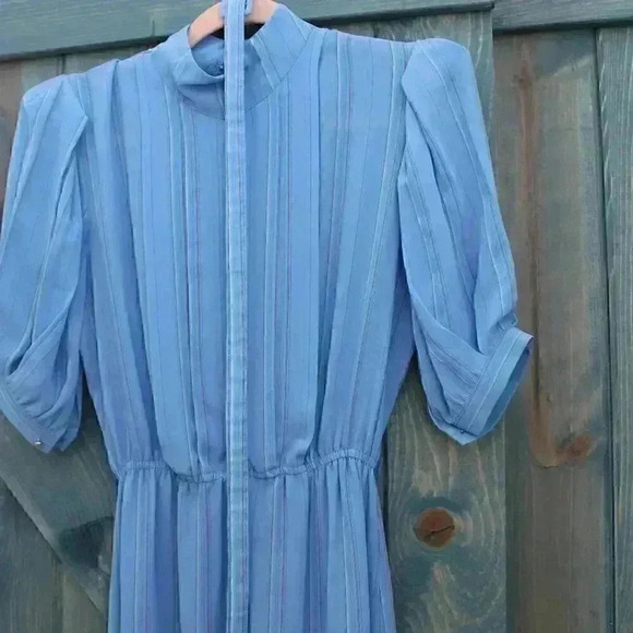 Vintage 80s Sheer Dress Blue Puffy Sleeve Pleated Size Small 4 5 6 - Picture 3 of 7